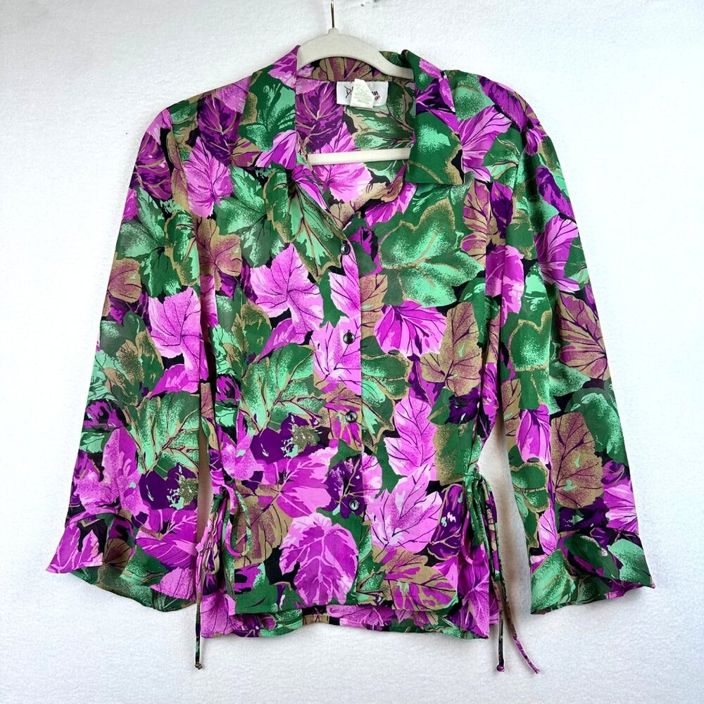 Vintage DJ Summers Floral Button Blouse Womens 10 Vampira Whimsy Art to Wear